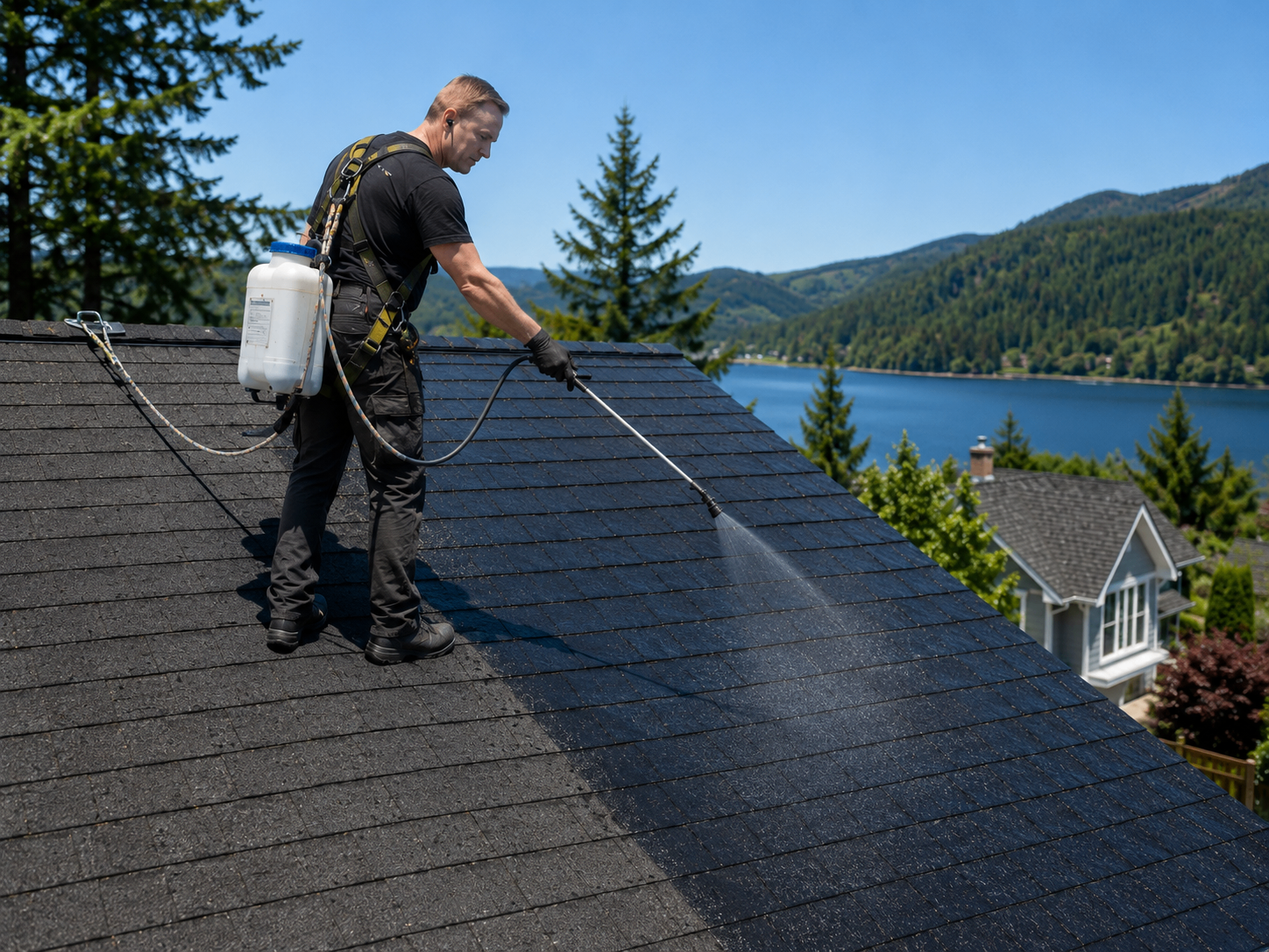 Technician applying a low-pressure roof treatment to a shingle roof